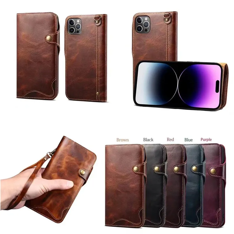 Elegant Genuine Leather Wallet Phone Case with Hand Strap