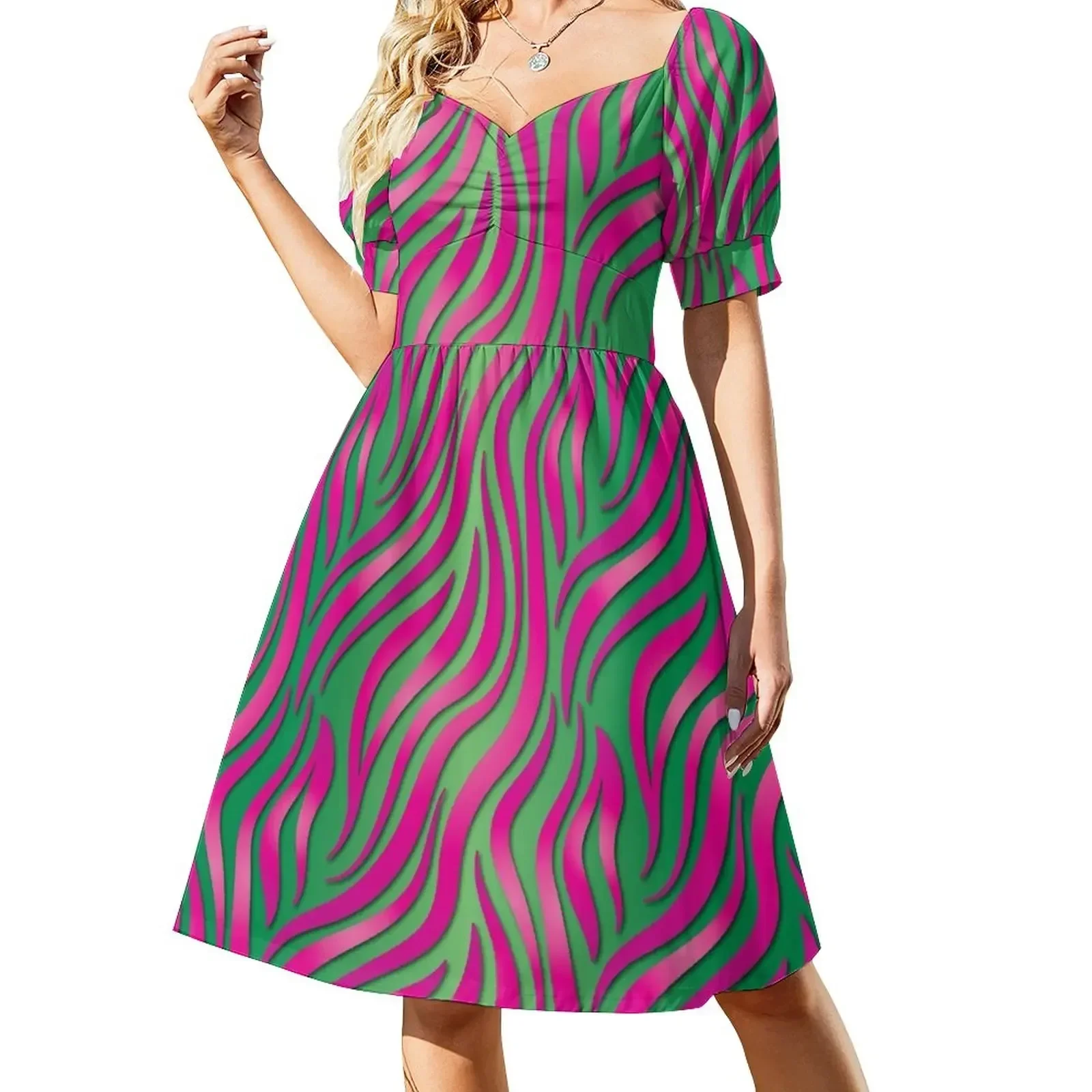 thumbnail image 1 of Vestido corto de manga rosa y verde, vestido de verano, vestidos coreanos para mujer, vestido de verano para mujer, ropa de mujer, 1 of 8