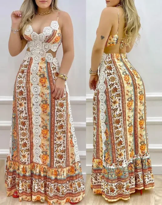 Vestido feminino estampa floral contraste renda sem costas maxi vestido sexy oco para fora vestido estampado retrô enviado dentro de 48 horas