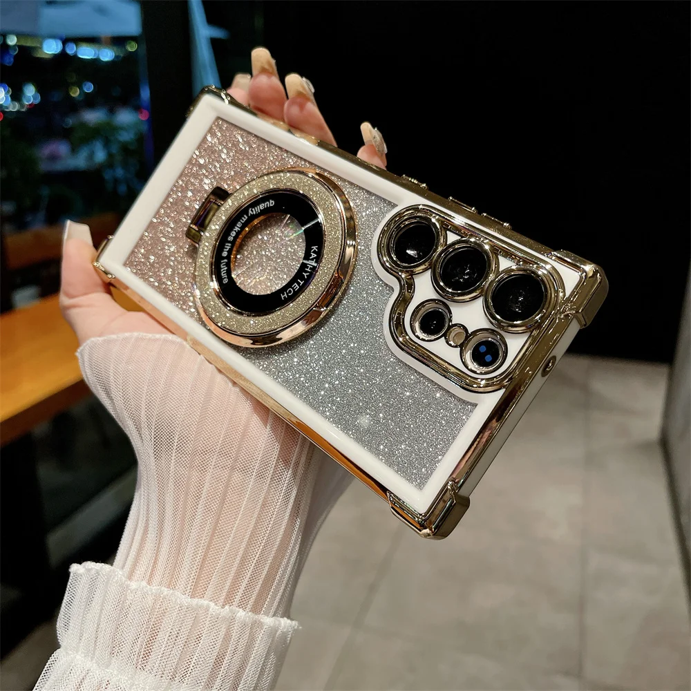 Luxury Magnetic Folding Bracket Shiny Case with Ring Holder Stand and Gradient Shockproof Design