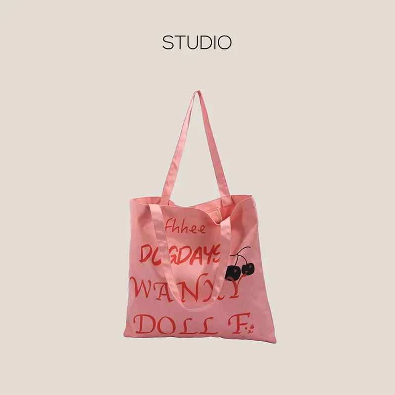 Summer Korean Style Pink Canvas Eco Shopping Tote Valentine's Gift Bag for Women Black Cherry English Letter Simple Minimalism 305 by miami stylists микс английской и розовой соли mix of english and pink salt