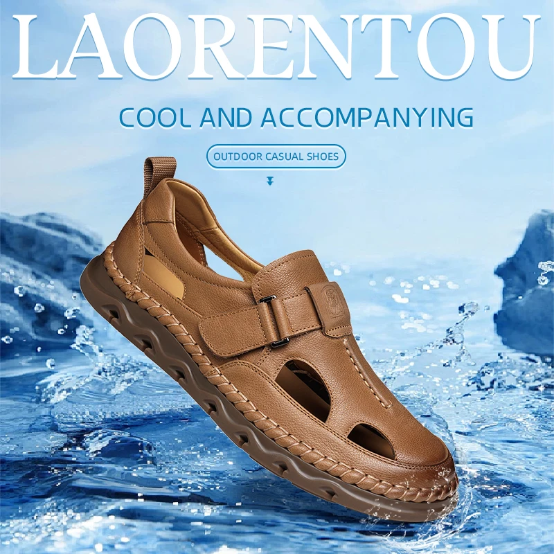 LAORENTOU summer Breathable Middle aged Baotou Hole Shoes Men's Genuine Leather Casual Anti slip Dad Leather Sandals 57513 2