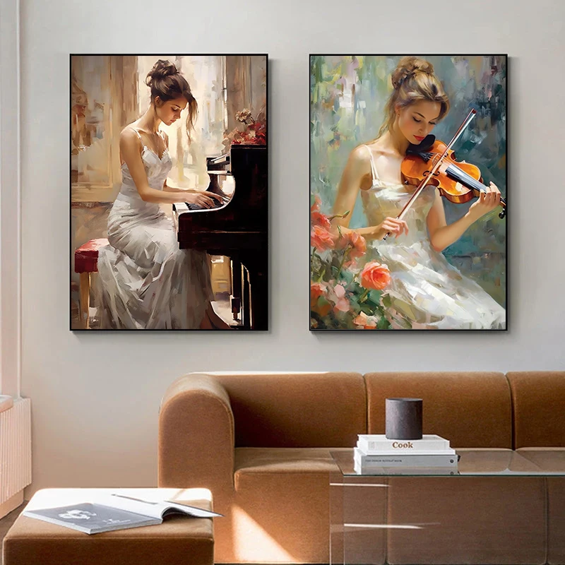 Vintage Elegant Woman Piano Violin Oil Painting Print on Canvas Music ...