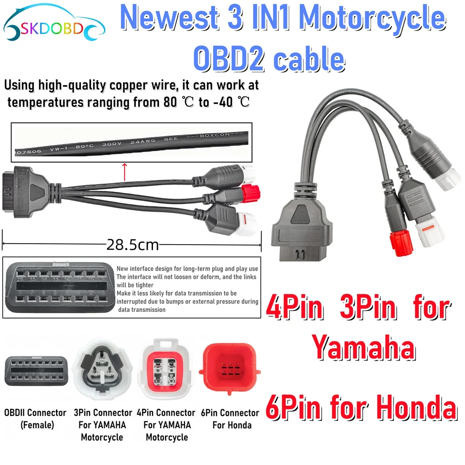 Motorfietsadapterkabel, 3-pins, 4-pins, 6-pins OBD2-adapterkabel voor
