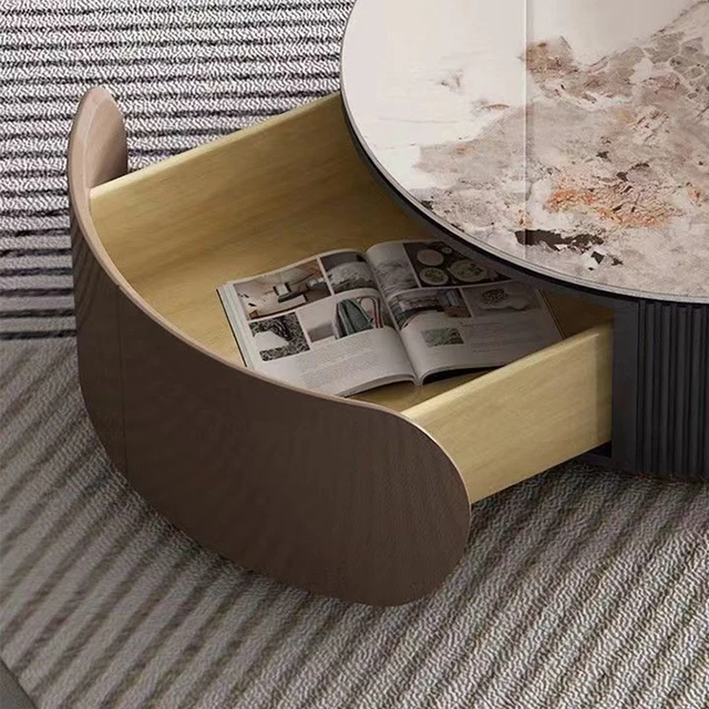 Round Nesting Coffee Table with Marble Pattern – Retractable End Table - Image 2