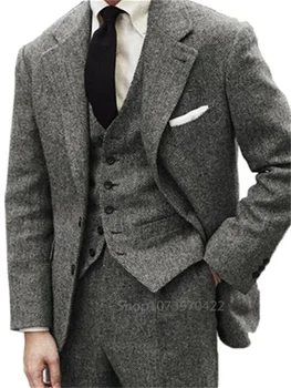 Abito da uomo invernale in Tweed di lana grigia da 3 pezzi per abito da sposo formale da sposo a spina di pesce (giacca + gilet + pantaloni) 1
