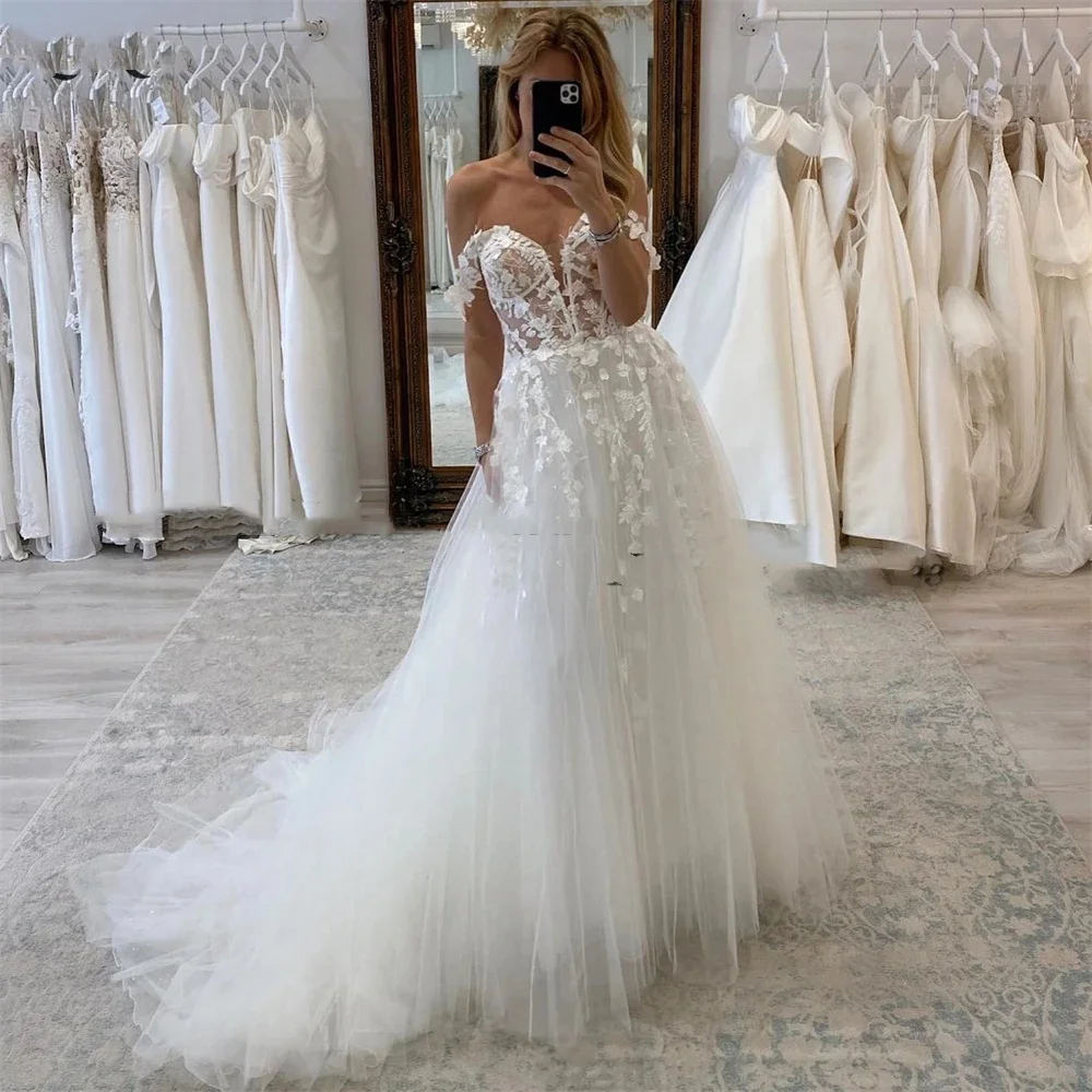 

Sweetheart Neck A-Line Wedding Dresses Off the Shoulder Lace Appliques Princess Robe De Mariee Flowers Ivory Vestido De Novia