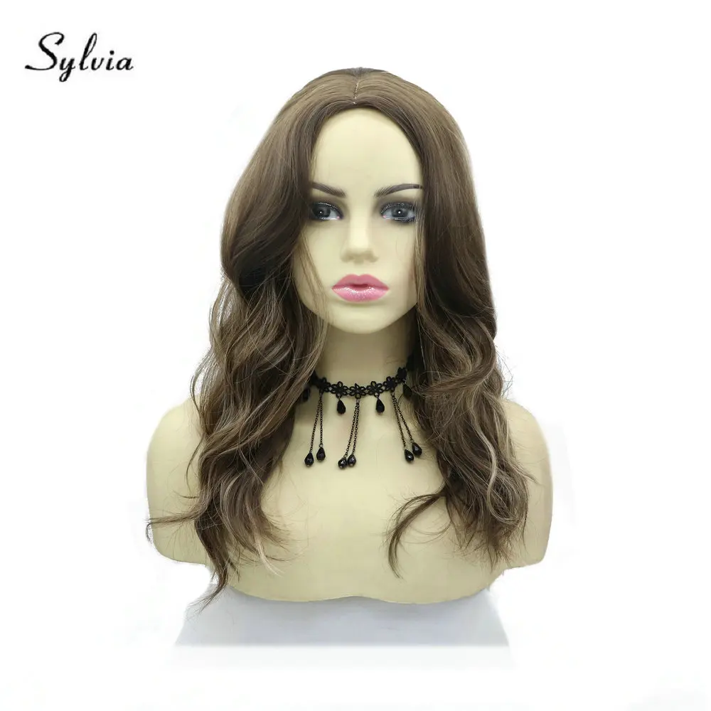 Sylvia Natural Brown Wig Long Wavy Brown Wig with Middle Parting Synthetic Wigs for Women Daily Cosplay Party Glueless 18 inches