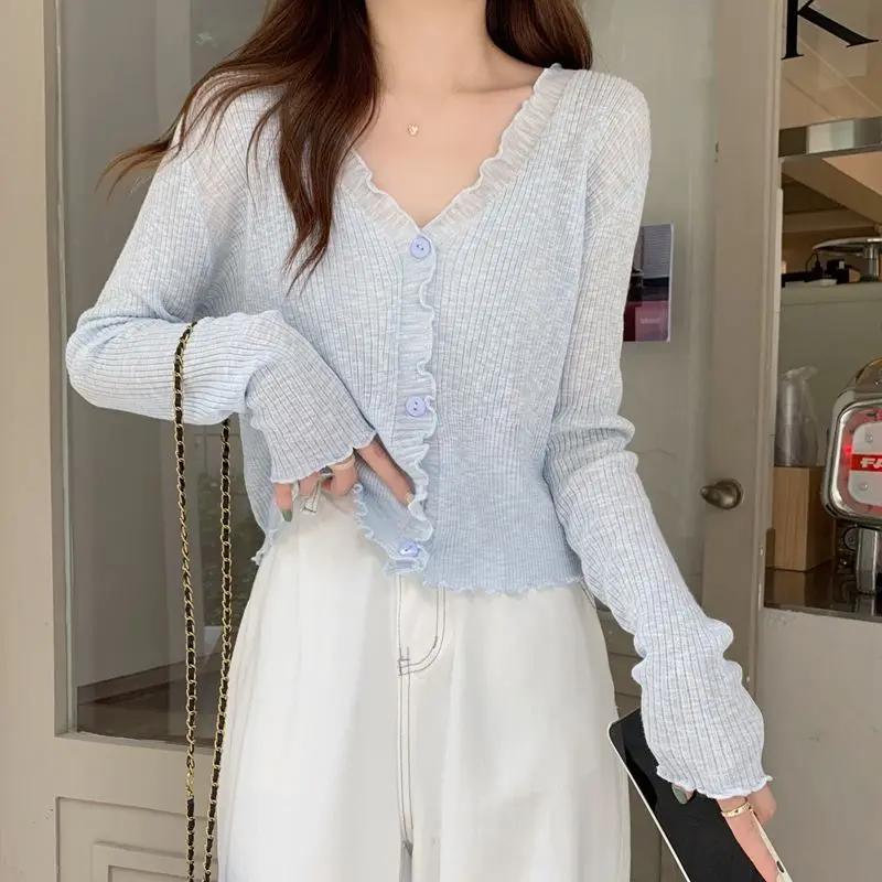 

New Summer Cardigan Women Korean Fashion Sweet V-neck Ruched Button Long Sleeve See Through Cropped Cardigans