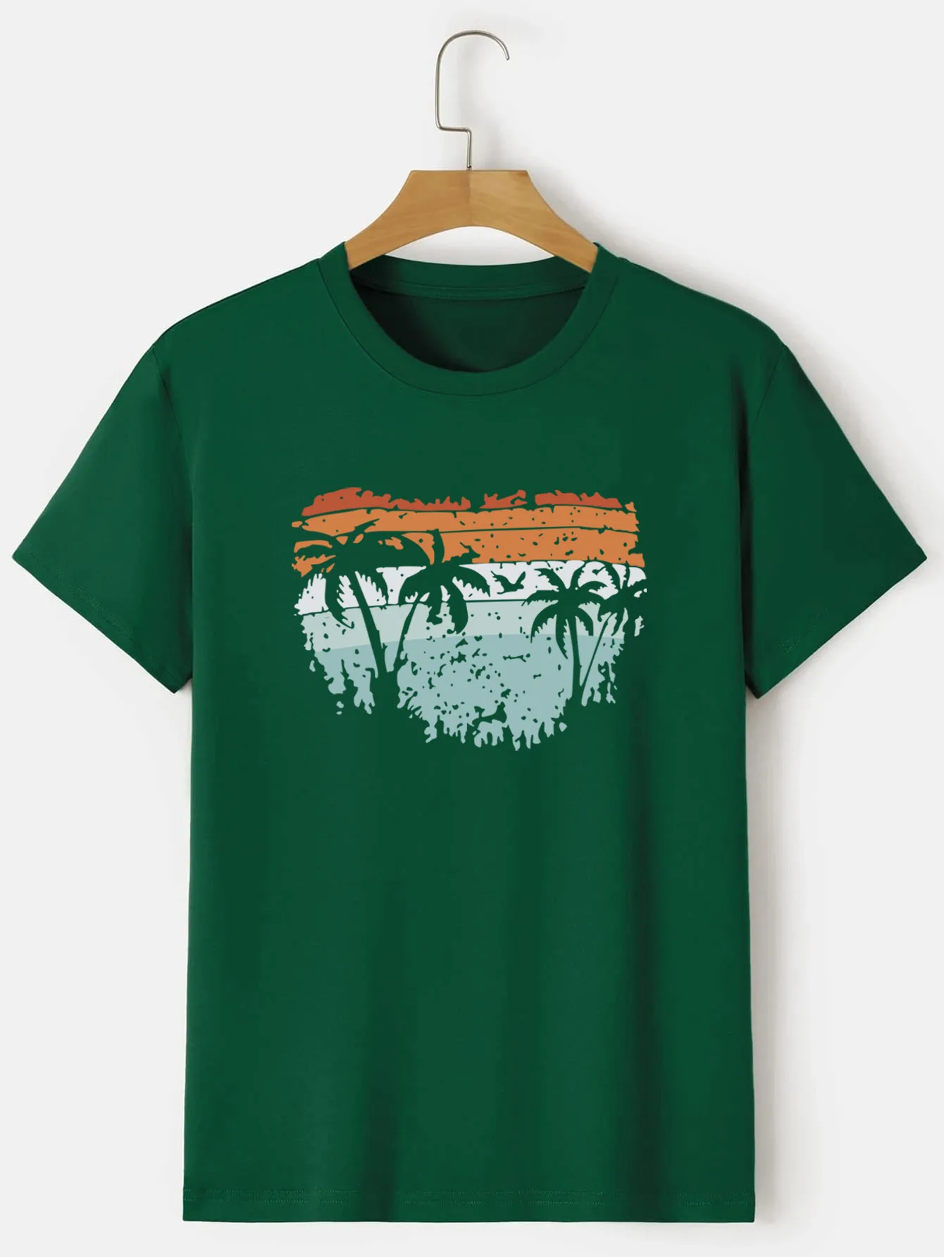Coconut tree print Crew Neck T-shirt, Casual Short Sleeve Fashion Summer T-Shirts Tops, Men's Outfits,Oversize Tees_voghion.com