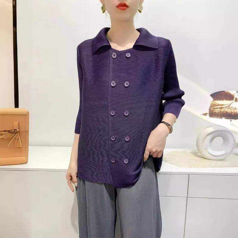 

Женский двубортный топ Miyake, Повседневный Кардиган со складками и рукавом 3/4, для весны и лета