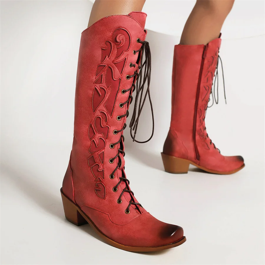 

Women Knee-High Boots 2023 Winter Elegant Cross Strap Fashion Women Shoes Size 43 Square Head Western Cowboy Boots Dropshopping