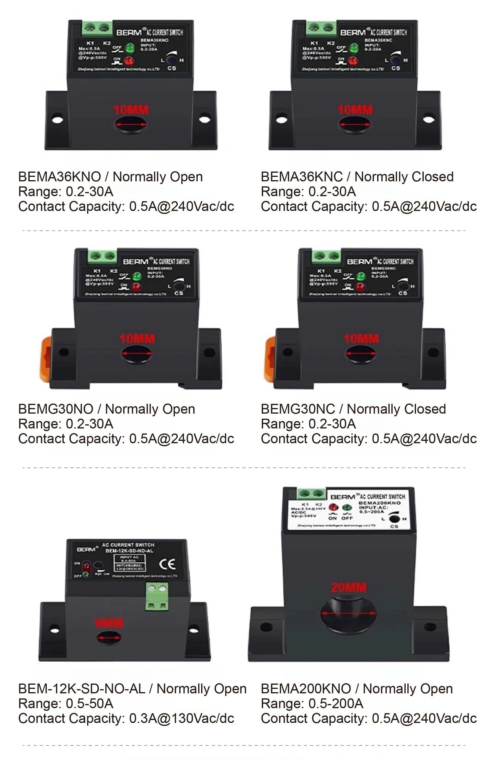 BEMA36K BEMG30 BEMA200 Self Powered AC Current Switch 0.2‑30A Adjustable Relay N