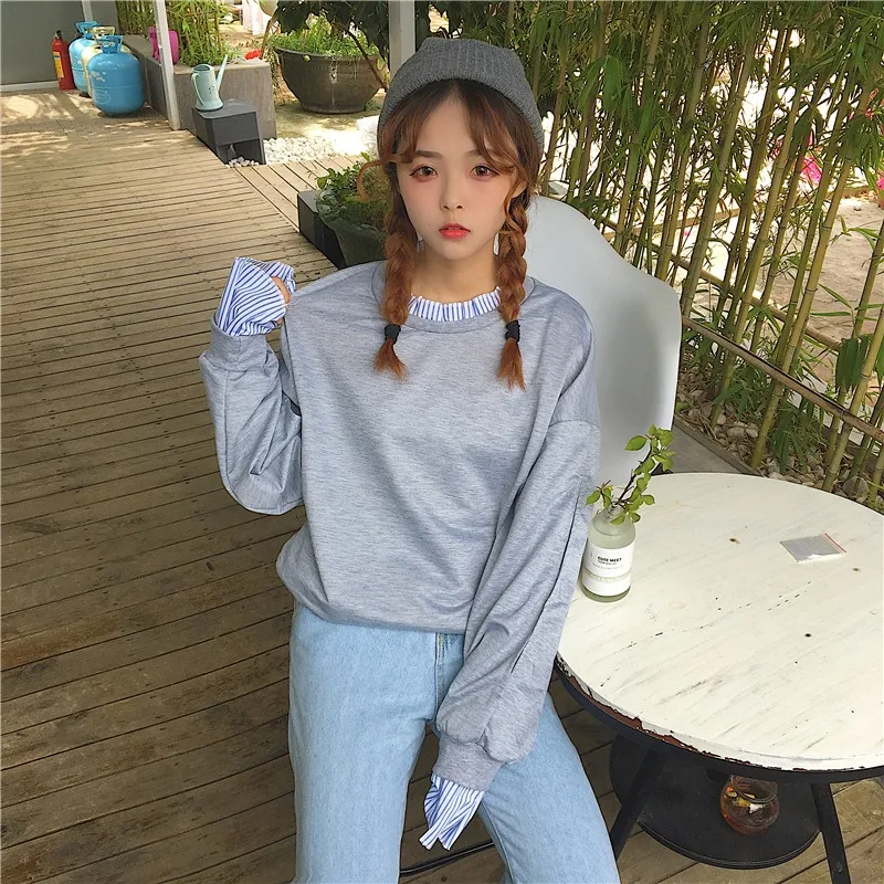 Fake Two-piece Long-sleeved Sweatshirts Women Striped Patchwork O-neck Korean Style Fashion Casual Daily Basic Pullover Female