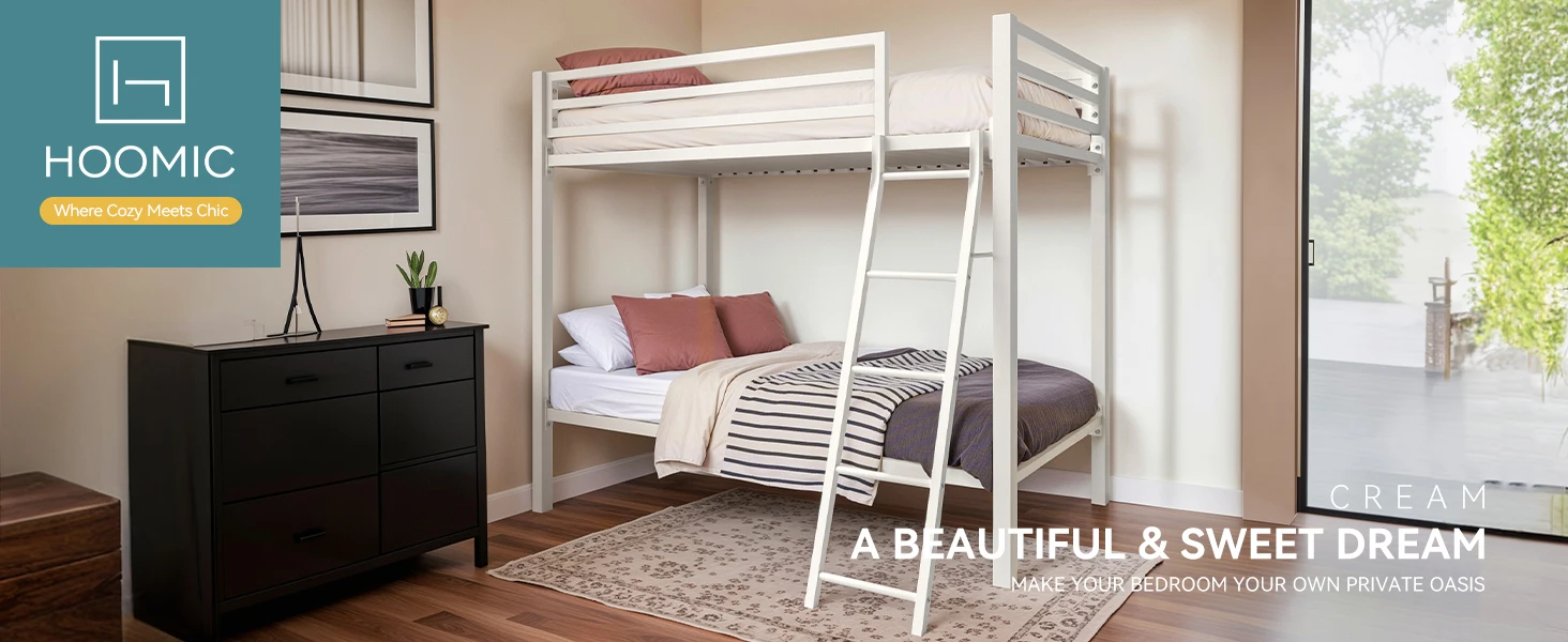 HOOMIC Heavy-Duty Metal Bunk Bed Frame Twin Over Twin, Full Length Guardrails, Space-Saving, Sturdy Metal Support Allewie