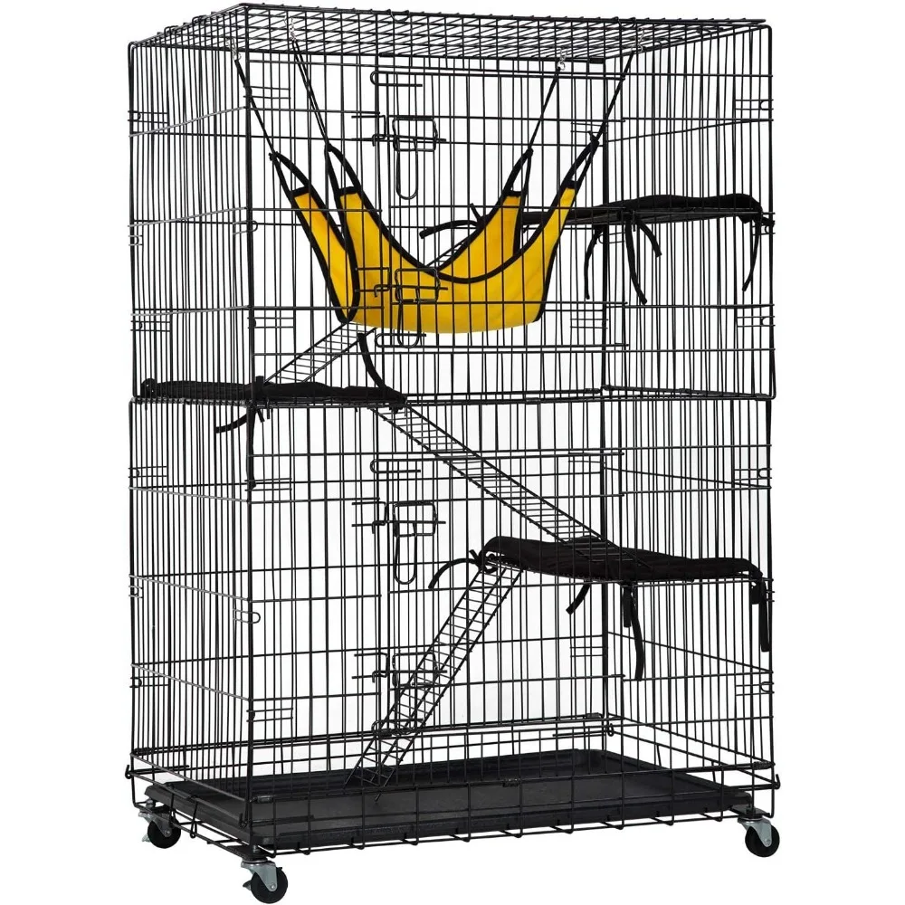 4-Tier 48 Inches Cage Crate Cat Kennel Cat Playpen with Free Hammock 3 Bed 2 Front Doors 3 Ramp Ladders Perching