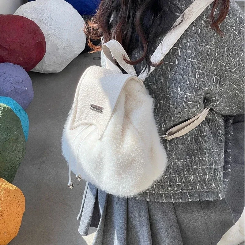 

Sweet New Harajuku Bag Drawstring Xiuya Literary Style Handbag Plush Cute Shoulder Soft Elegant White Backpack Large Capacity