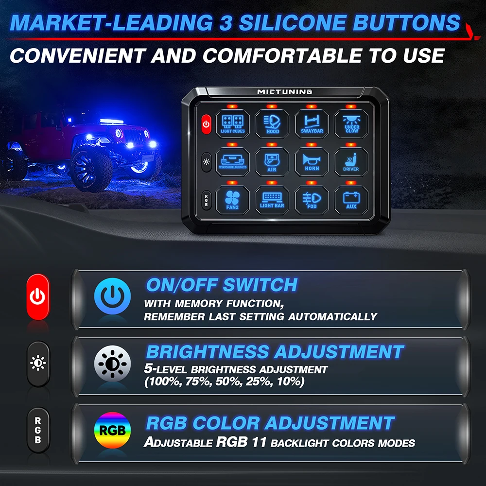 Mictuning 8/12 Gang RGB 스위치 패널 Led 작업 표시 줄 스위치 범용 자동차 용 박스 컨트롤러 트럭 보트 UTV 4X4 4WD