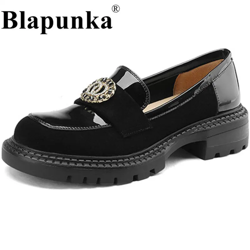 

Blapunka Handmade Genuine Leather Women Slip-on Loafers Chunky Heels Thick Platform Brand Chain Pearls Shoes Spring Autumn 34-42