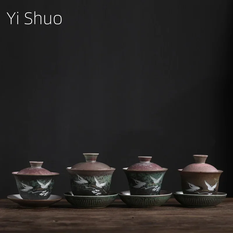 Tea Set Sancai Tureen Ceramic Kung Fu Tea Creative Crane Home Queen Cup Tea Bowl Sopera De Ceramica Gaiwan Coarse Pottery Set