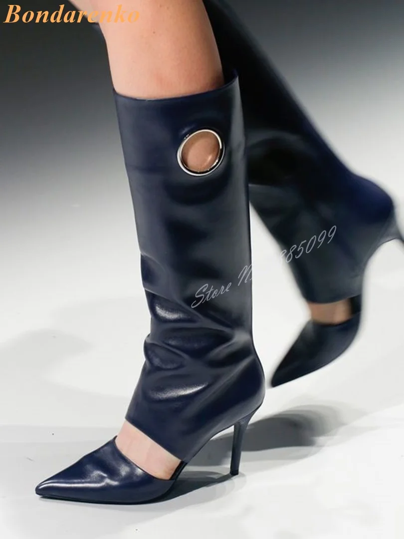 

Cut Outs Pointed Toe Boots Stiletto Heels Solid Leather Side Zipper Knee High Boots Women Sexy Shoes New Style Autumn Casual