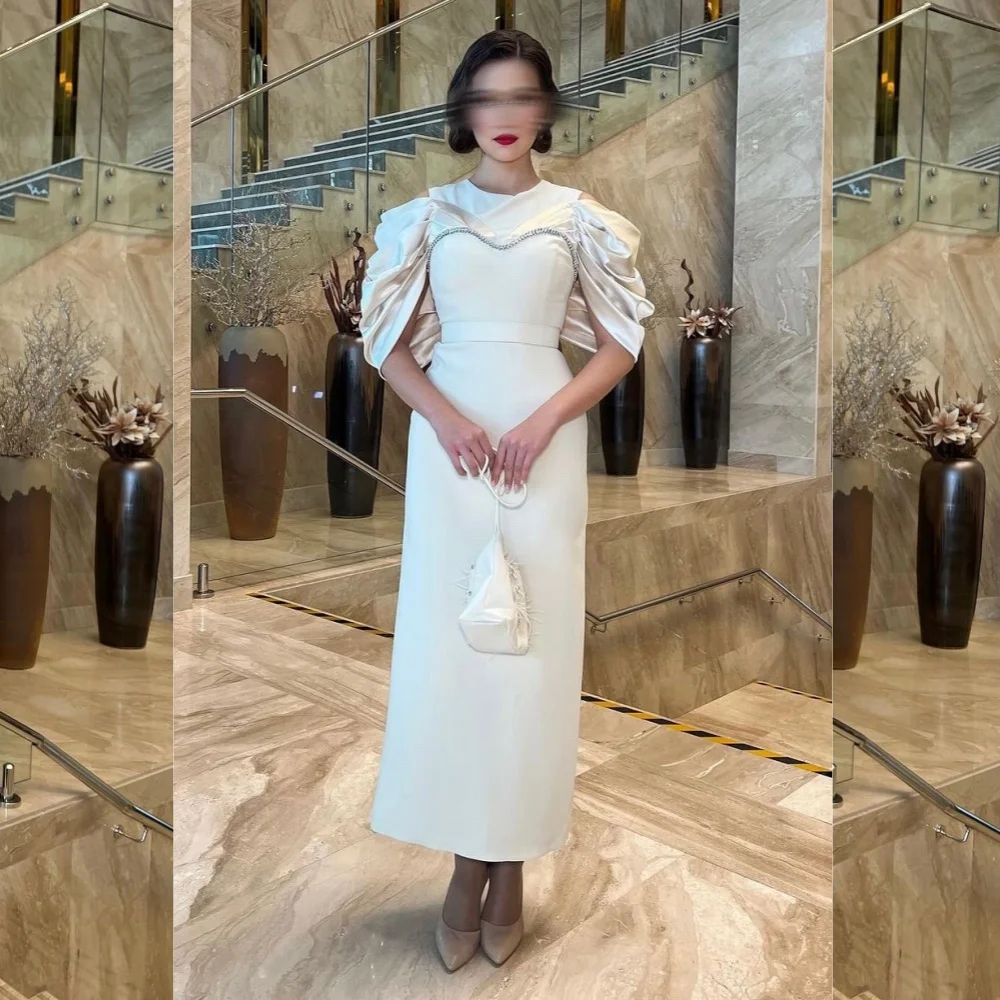 Evening Jersey Pleat Rhinestone Celebrity A-line O-Neck Bespoke Occasion Gown Midi Dresses Saudi Arabia