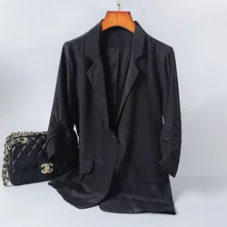 100% Silk Blazer Women Clothing Fashion Ladies Black Coat Elegant Womens Jackets One Button Suit Female Blazers Chaquetas Lq762