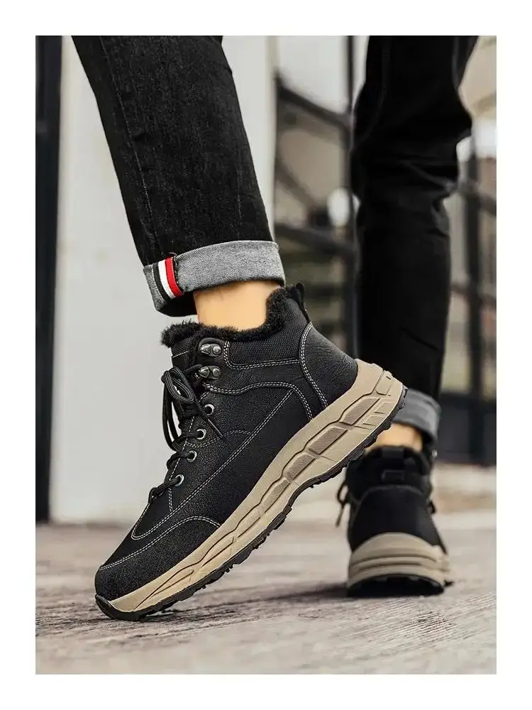 

New Men's Winter Leather High Top Thickened Plush Warm Casual Snow Boots Thick Sole Non Slip Waterproof Cotton Boot Hiking Boot
