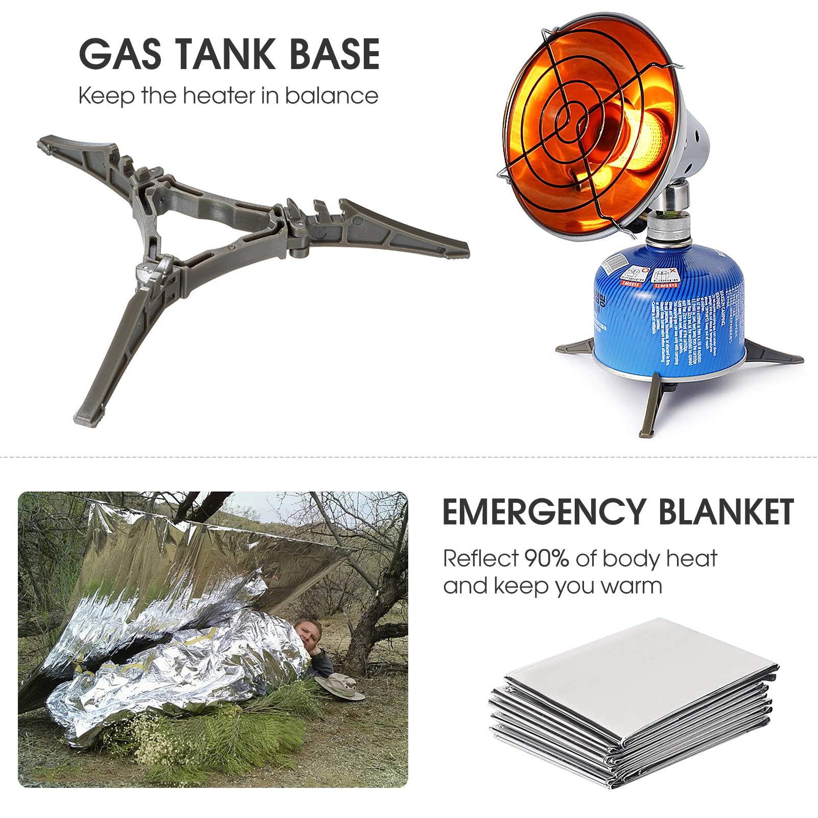 Portable Gas HeaterEmergency Blanket and 4 Clips Camping Heater Warmer Heating Stove Outdoor Emergency Survival Kit