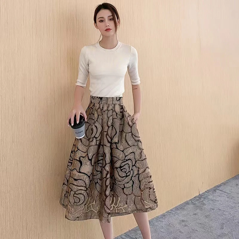 Vintage Elegant Korean Fashion Fairy Sweet Floral ball gown skirt High Waisted Puffy Gold Pleated Long Midi Skirt for Women mini skirts for women