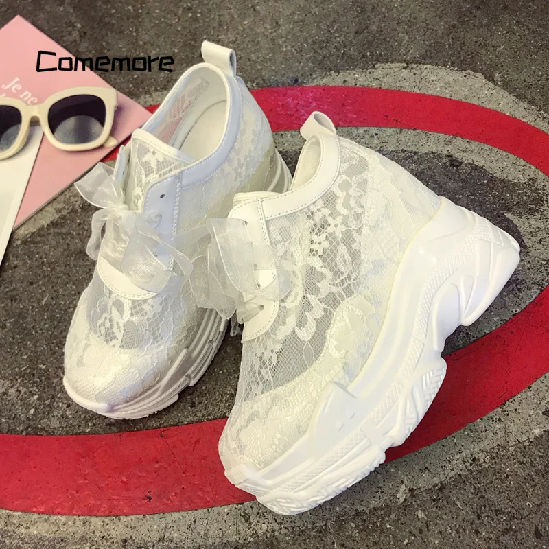 Comemore Elegant White Women Casual Shoes High Heels Wedges Outdoor Shoes Breathable Shoes Woman 12cm New Mesh Platform Sneakers