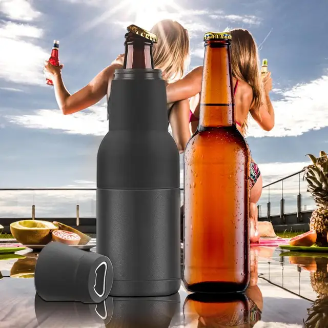 Stepstall Enfriador de botellas y latas de cerveza con abridor de cerveza,  12 onzas, soporte aislante para botellas de cerveza delgado, acero