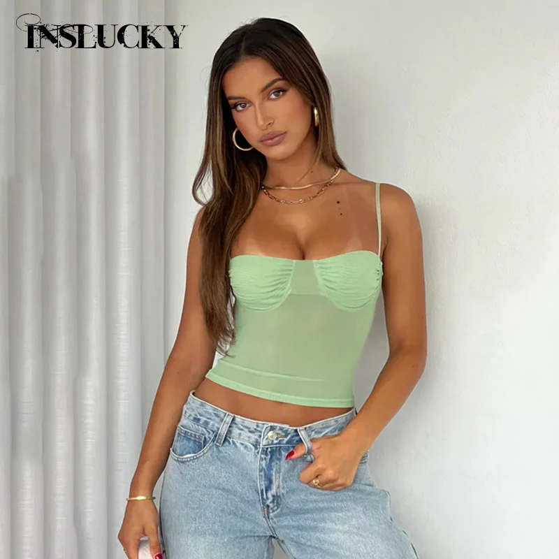 

InsLucky Summer Sexy Cropped Top Mesh See Through Folds Slim Skinny Short Tank Sexy Elegant Base Top Sleeveless Camis Solid Vest