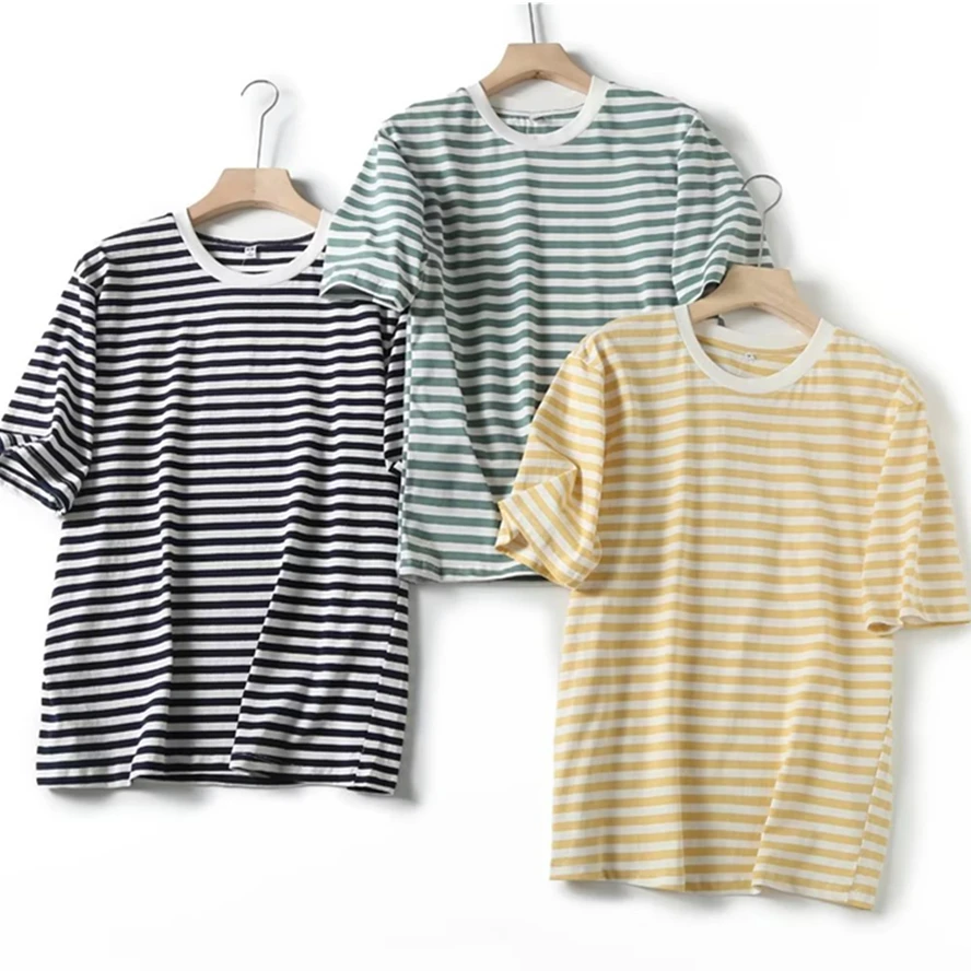 

Jenny&Dave Boyfriend Style Fashion Simple Pinstripe Round Neck T-shirt Couple Summer Pure Cotton Casual Basic T-shirt Top