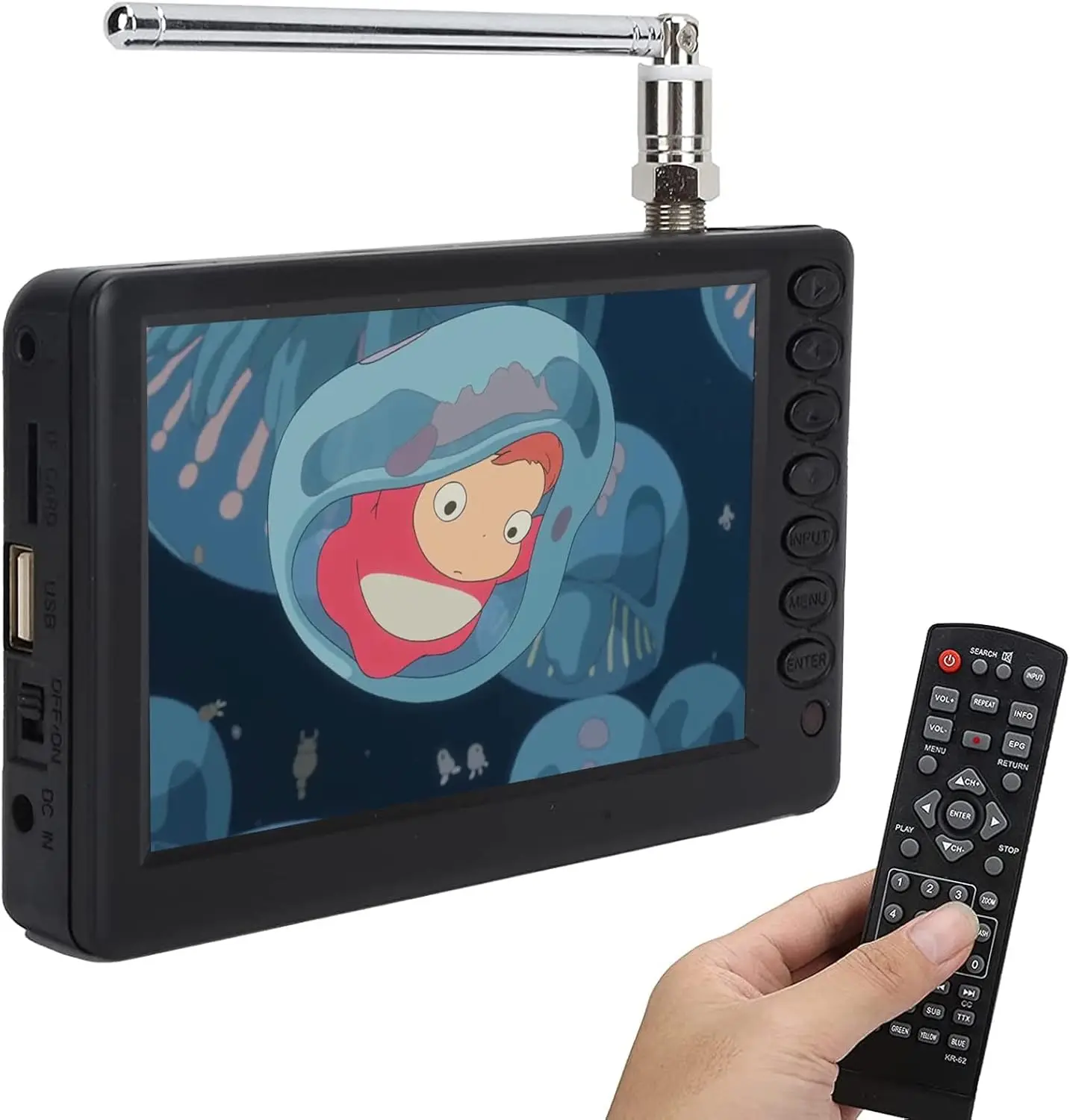 Portable ATSC HD TFT LED Digital TV-5' Mini TV with Remote Control, 1080P, Rechargeable Battery, USB & TF Card Support