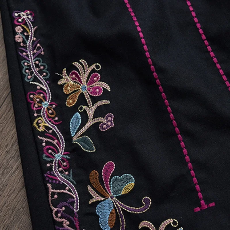 New Ethnic Harajuku Tassel Patchwork Women Black Pants Skirts Vintage Embroidery Elastic Waist Trousers Chinese Style Clothing