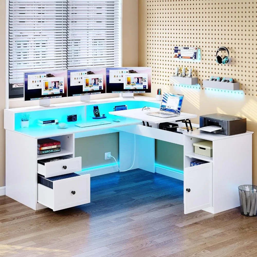 

YITAHOME L Shaped Desk with Power Outlets & LED Lights, 60” Corner Computer Desk with Drawers & Lift Top, Home Office Desk with