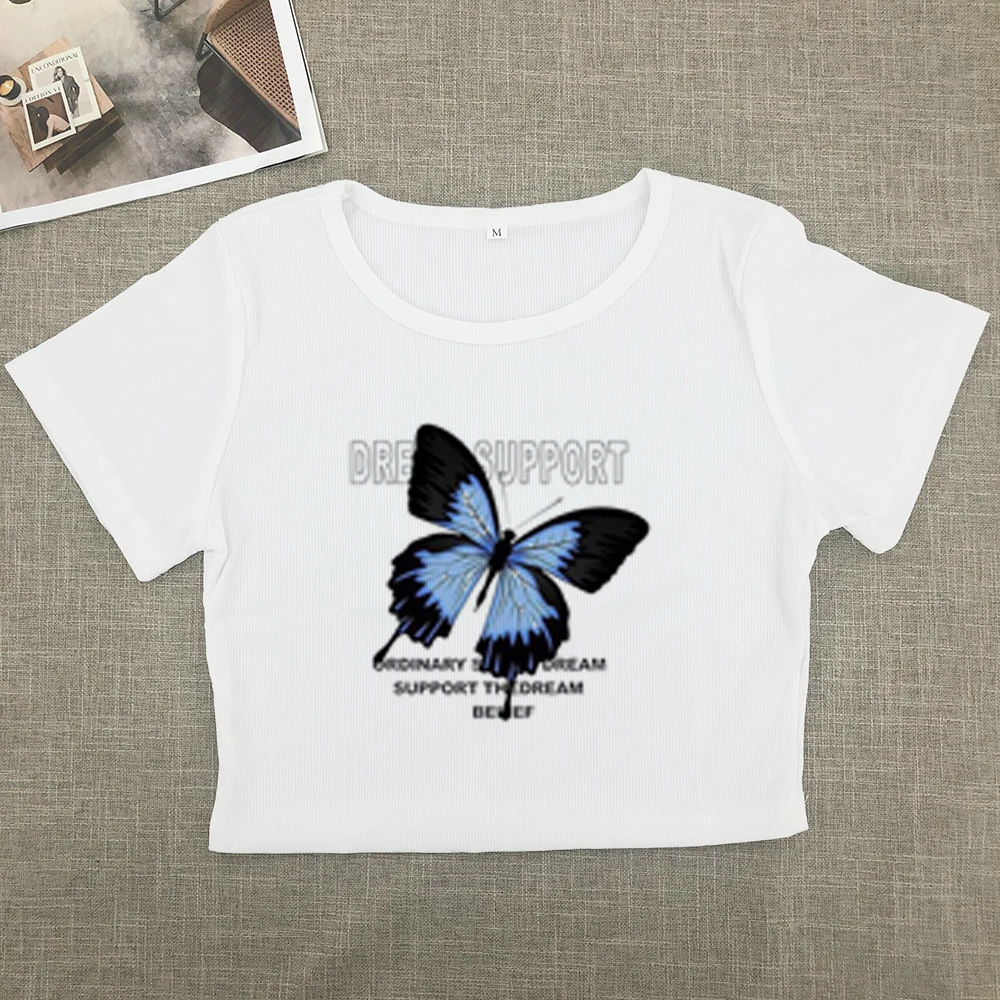 Full-shoulder cotton short-sleeved T-shirt women summer new spice girls high waist slim short crop clothes sweet and spicy