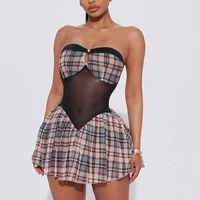 One Shoulder Sheath Plaid Mesh Dress – Short Y2K
