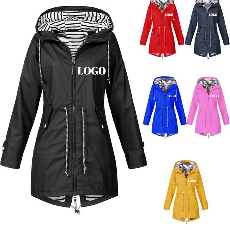 

Custom Your Logo Women Long Jacket Zipper Windbreakers Outdoor Autumn Hooded Female Coat Sports Climbing