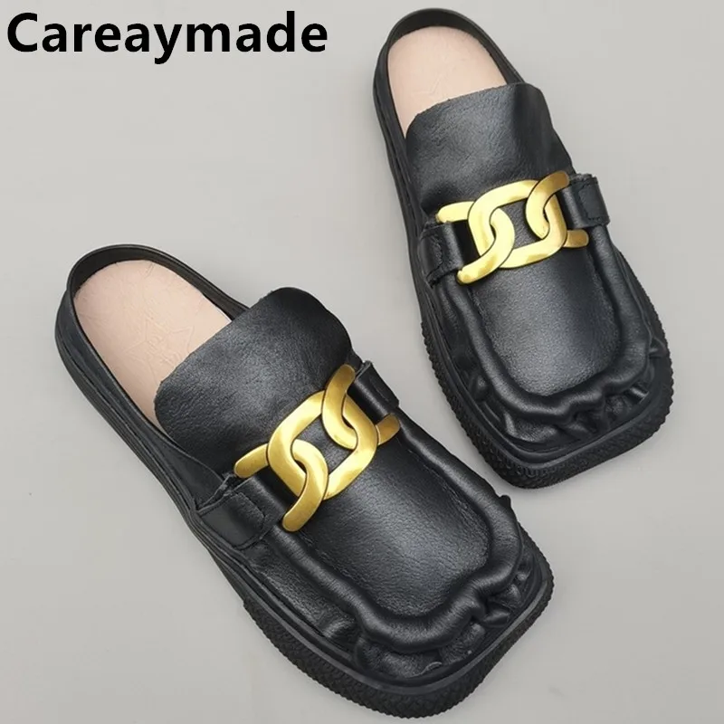 

Careaymade-Real leather Muller women's shoes sewing soft thick soled loafers pure leather original single handmade half slippers