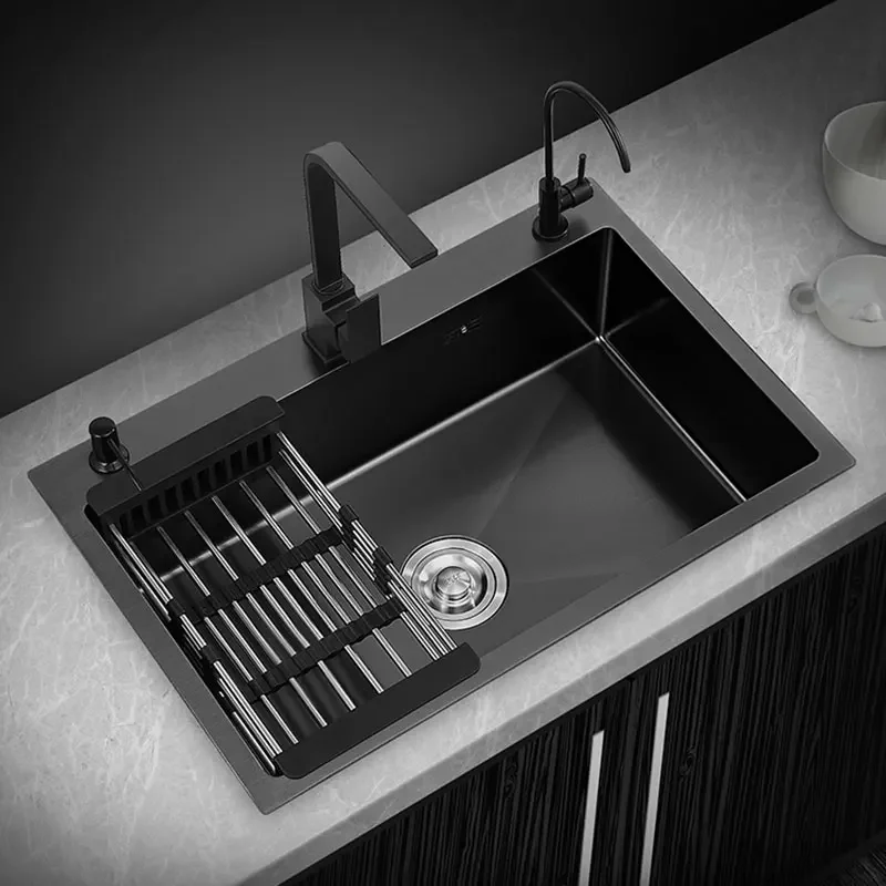 

kitchen sink Black nano-sink single-slot household hand-washing basin kitchen large 304 stainless steel sink sink bowl