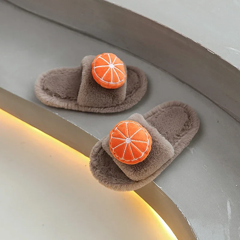 Winter Children's Plush Slippers New Cute Fruit Fashion Girls Warm Indoor Flat Slippers Causal Furry Kids Home Cotton Slippers