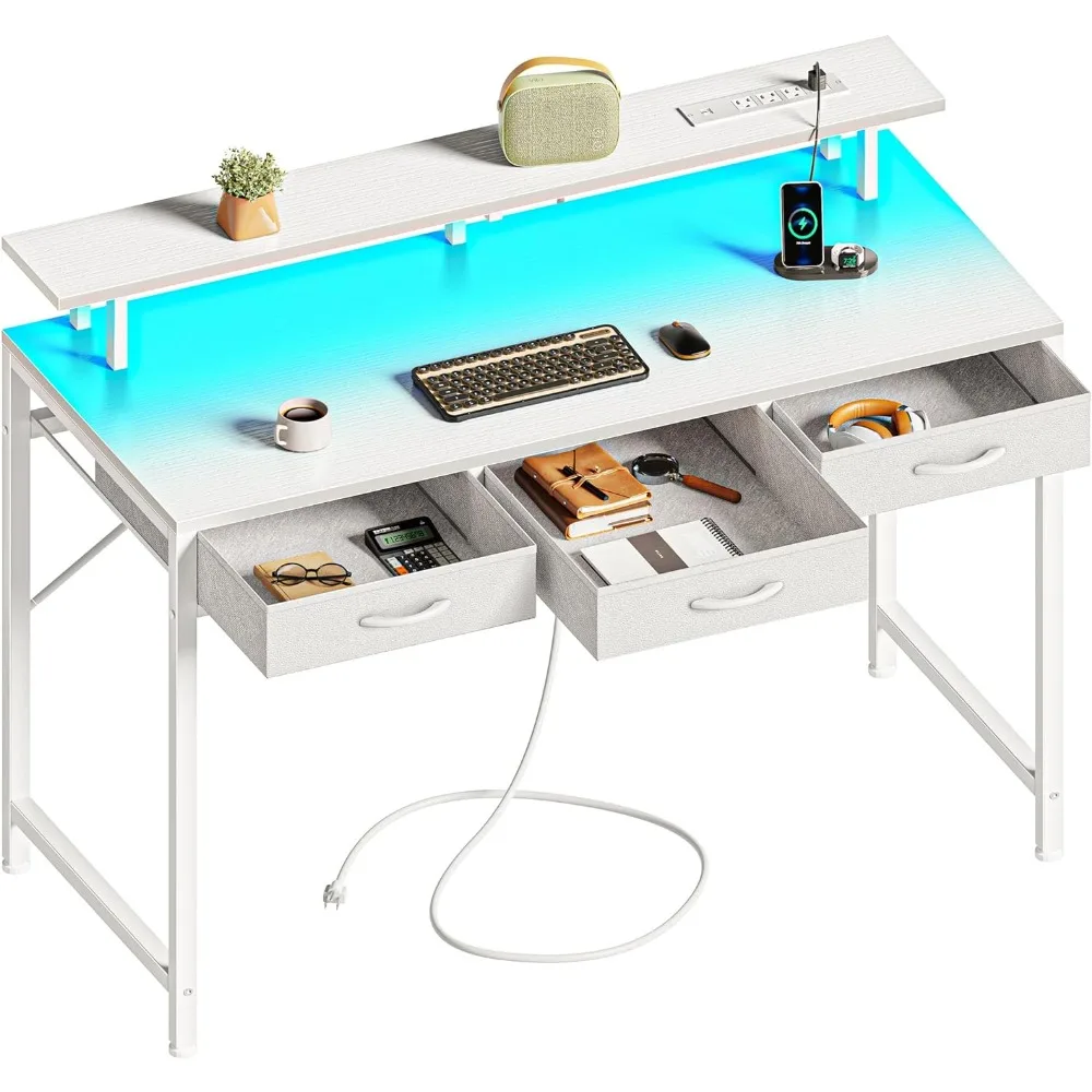 

47 inch Computer Desk with 3 Drawers, Office Desk Gaming Desk with LED Lights & Power Outlets, Office Desks with Storage Space
