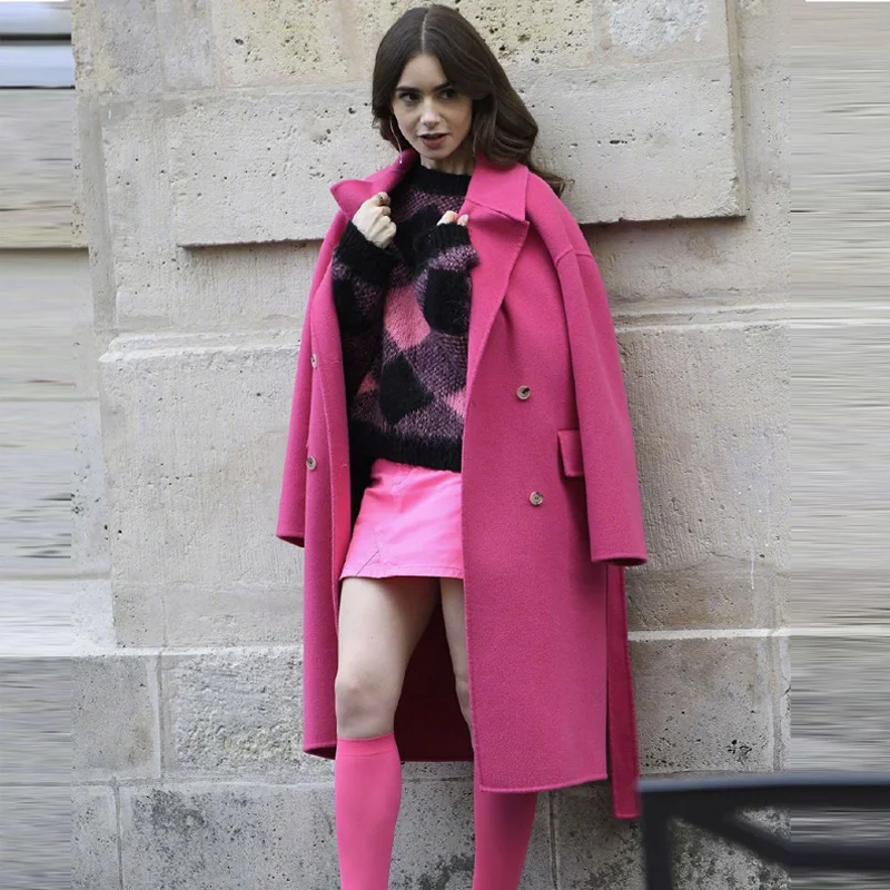 

Emily in Paris, wearing the same outfit as the rose red double-sided woolen mid length coat, new winter 22