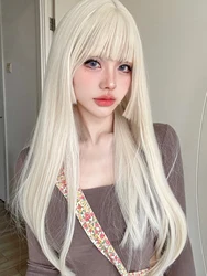 Platinum Blonde Synthetic Wig with Bangs - Long Straight Hime Cut, Heat Resistant (Blonde)