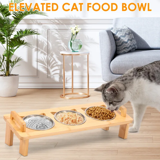 Stainless Steel Elevated Cat feeder Bowl Stand with 3 Dishes Feeder for Dry Wet Food Water AntiSlip Double Handl Cat accessories 3