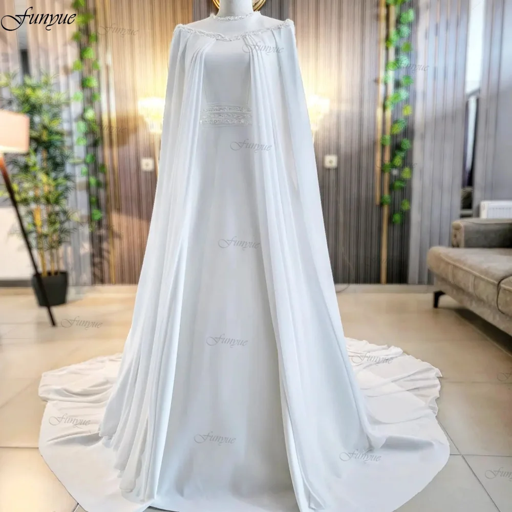 

Funyue Elegant Muslim Wedding Gowns for Bride 2024 Arabic Islamic Dubai Long Sleeves Bridal Dress A-Line Chiffon Abito Da Sposa