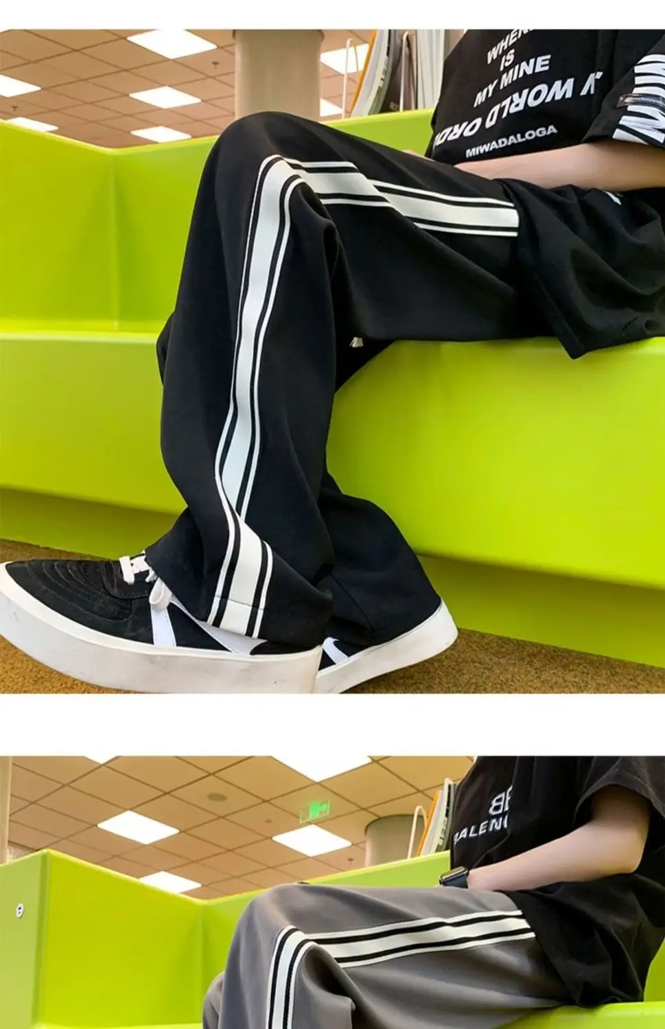 American street men and women trendy retro striped patchwork straight casual pants for spring and autumn loose wide leg pants