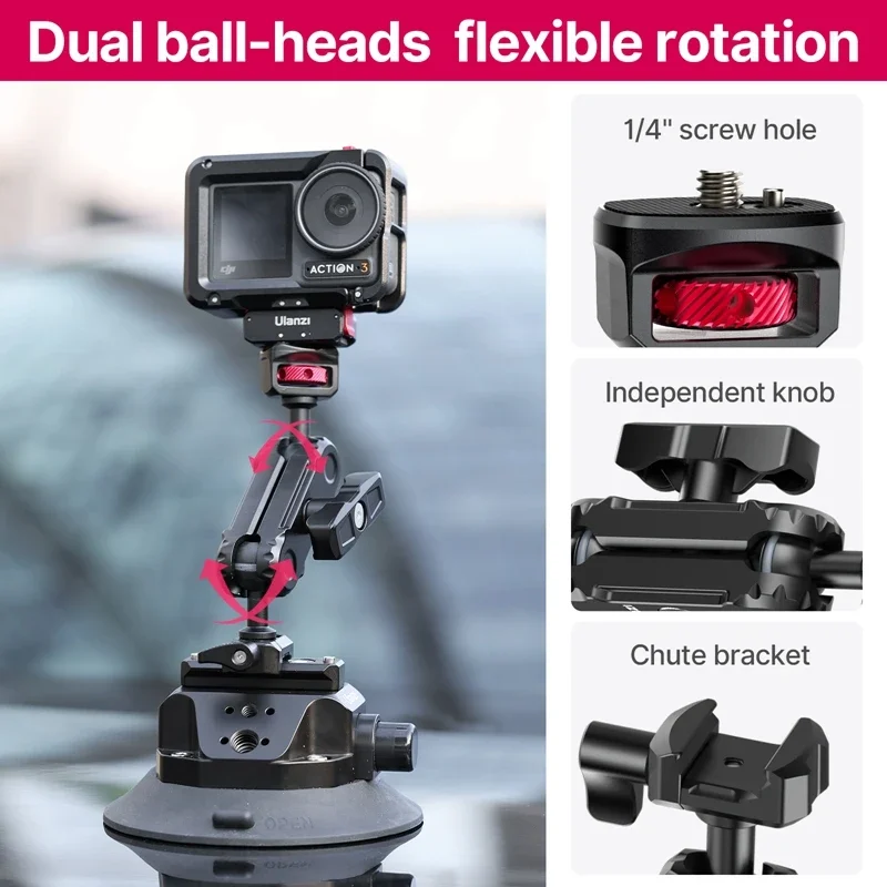 울란지 차량용 핸드폰 액션 카메라 홀더 핸드 펌프 흡착판 360 ° Insta360 DJI 액션 스마트폰용 GoPro용 조절 가능한 1/4
